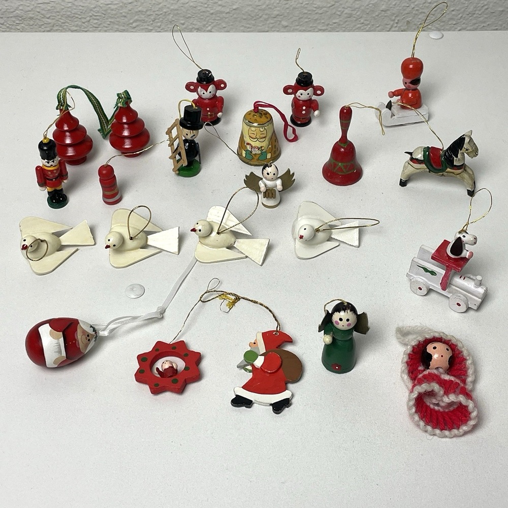 Vintage 1970s Taiwan Wooden Christmas Ornaments Lot 21 Hand Painted Miniatures